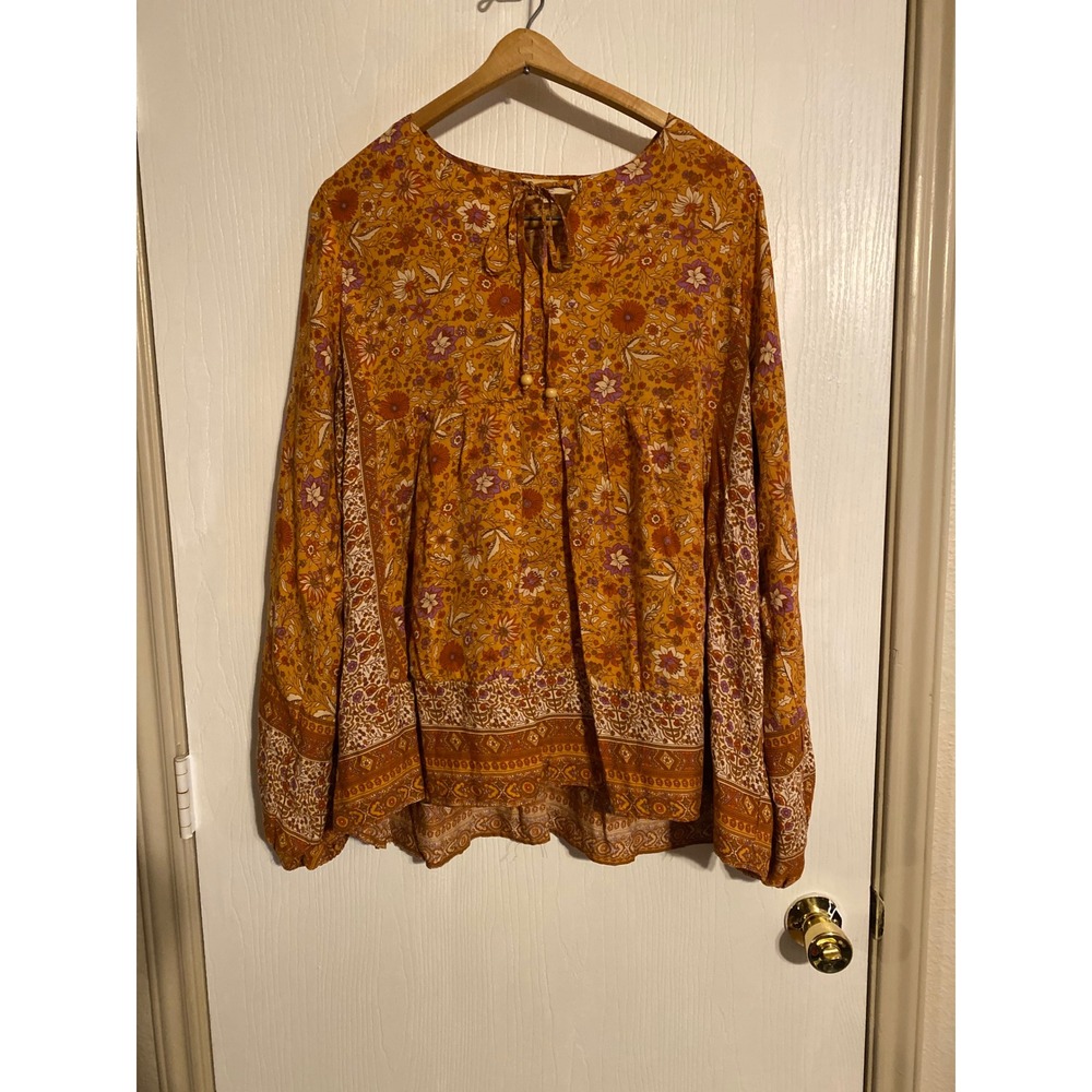 easel Autumn Orange Floral Peasant Blouse with Lavender Accents